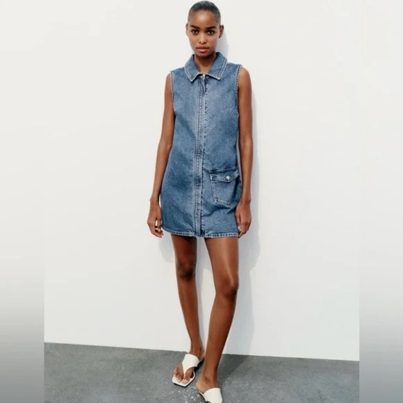 Zara Mini Zippered Sleeveless Denim Dress - Picture 2 of 15